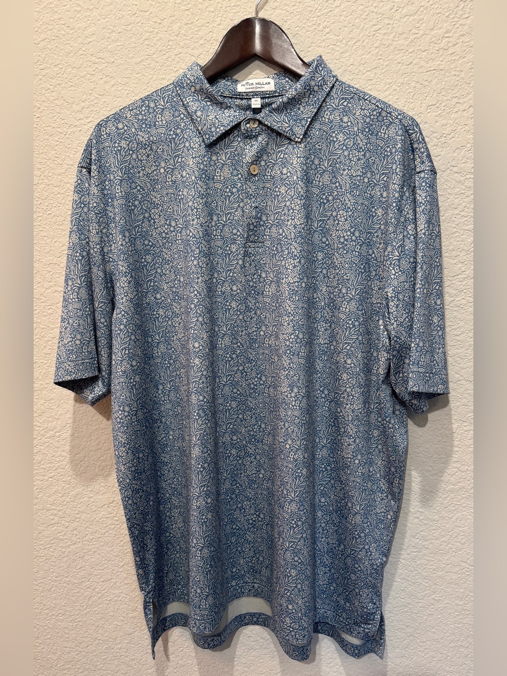 Peter Millar Light Blue Floral-Print Short-Sleeve Polo, Size XL